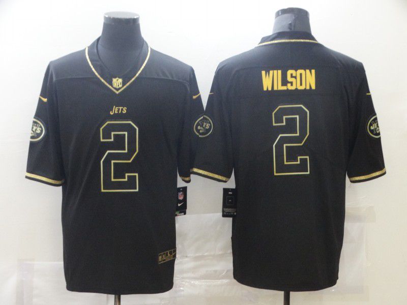 Men New York Jets #2 Wilson Black Retro Gold Lettering 2021 Nike NFL Jersey